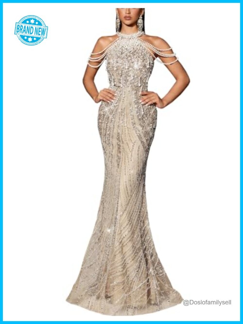 Sequin Mermaid Halter Beaded Prom Evening Gown Formal Dress